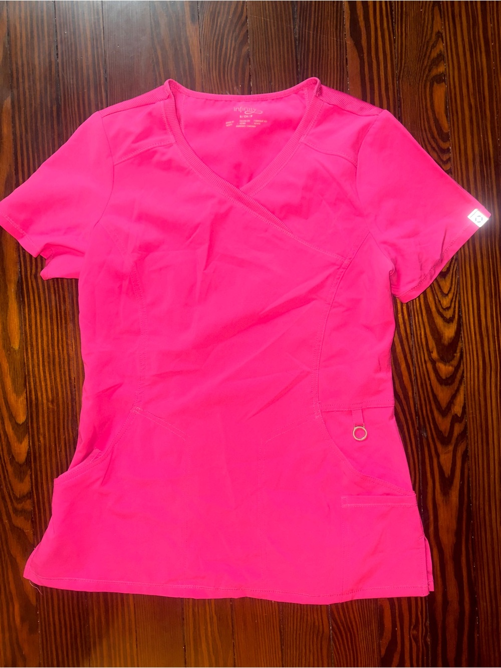 Cherokee Infinity Women’s Scrub Top Size Small Hot Pink Mock Wrap Multi Pocket